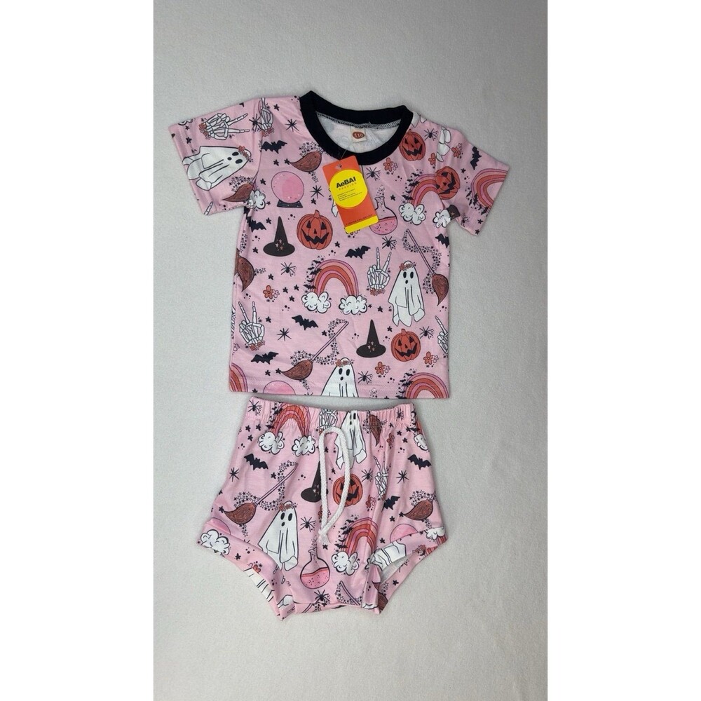 Pink Halloween Spooky Ghost Pumpkin Short Sleeve Shorts Outfit Set NWT